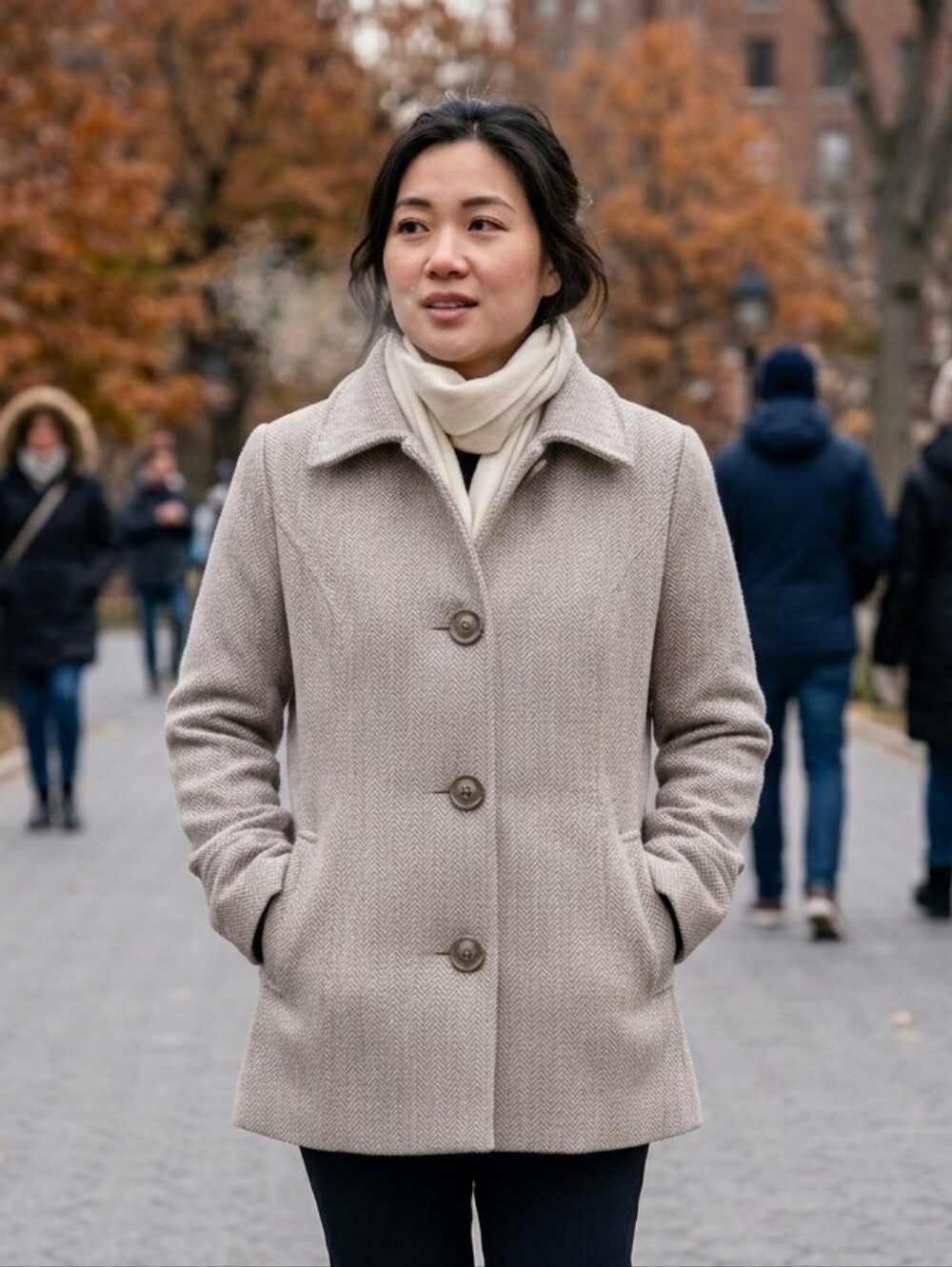 Nautica Women's Taupe Herringbone Coat with Cream Scarf